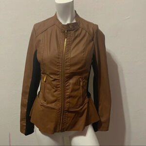 New Look Brown Faux Leather Full Zip Peplum Jacket Size S